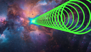 Orange and purple clouds next to a green spiral