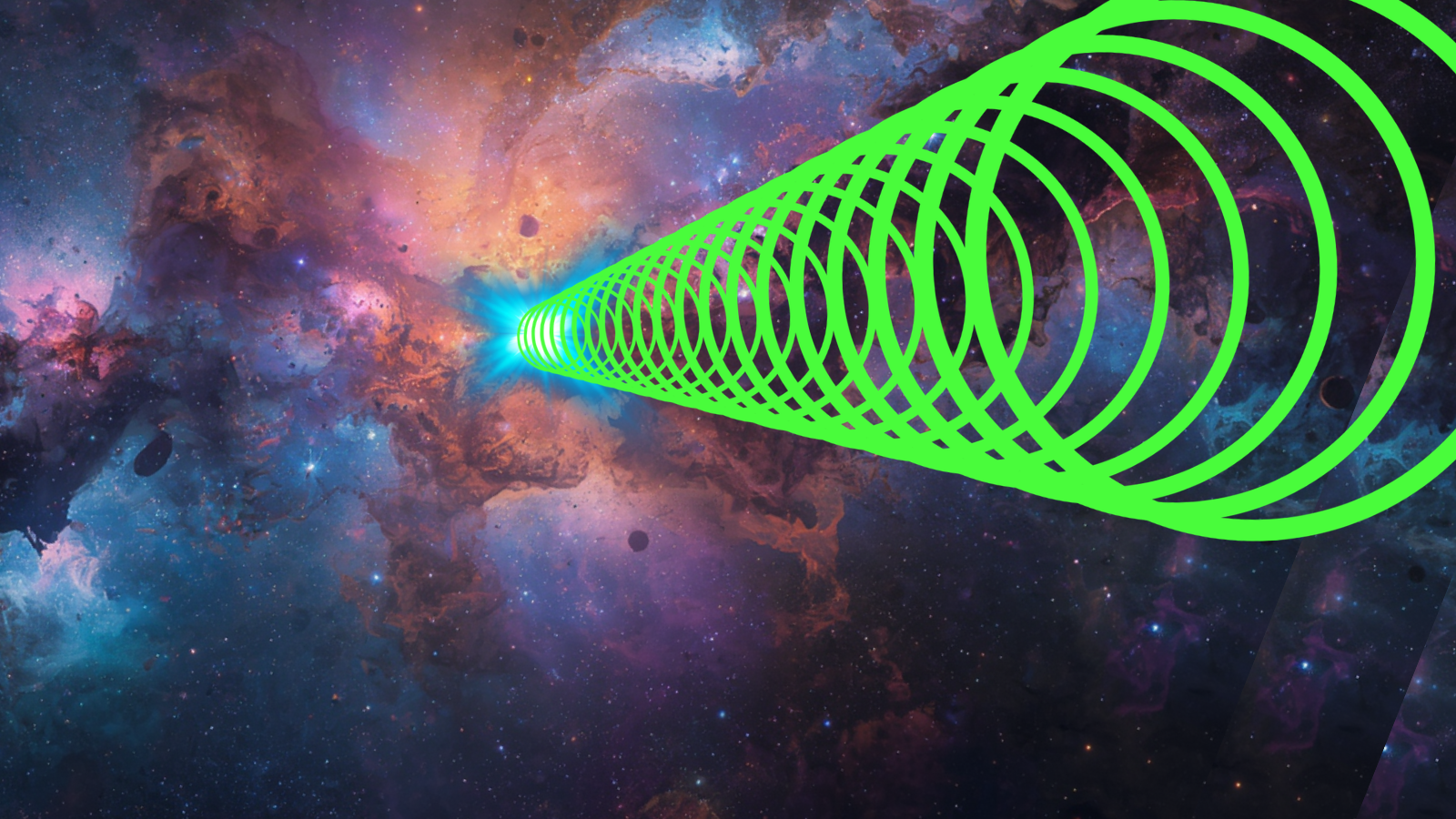 Orange and purple clouds next to a green spiral