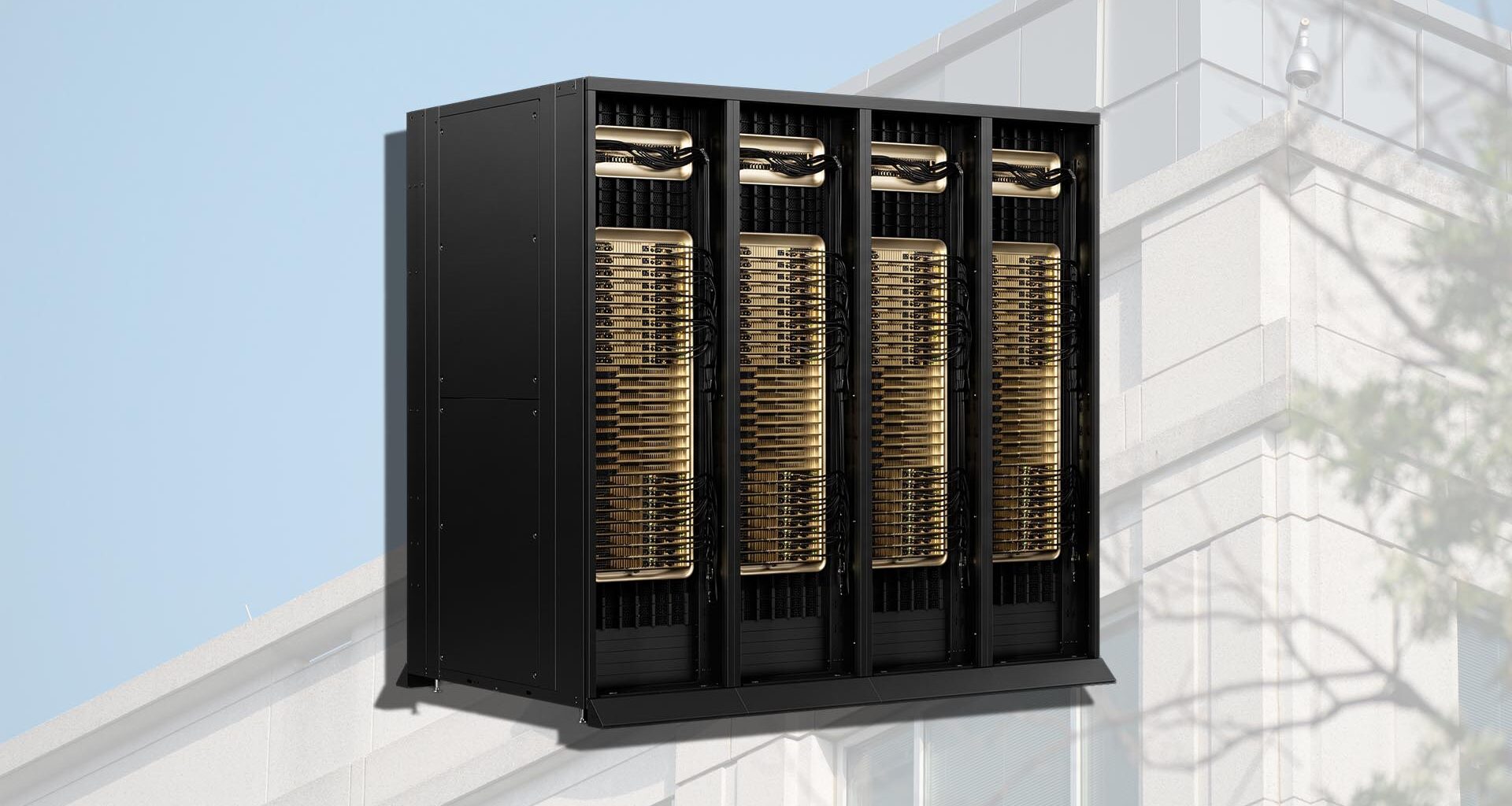 A server rack displayed outdoors against a building structure, featuring multiple units with golden heat sinks.