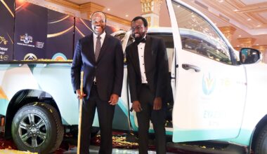 His Majesty King Mswati III sharing a light moment with the Entrepreneur of the Year 2026 winner Wandile Dlamini of Notsa Eswatini. (R) Eswatini Energy Regulatory Authority CEO Sikhumbuzo Tsabedze was among the leaders who attended the awards. (Pics: Nhlanganiso Mkhonta)