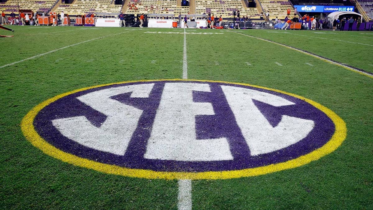 Painted SEC logo on the field at Tiger Stadium