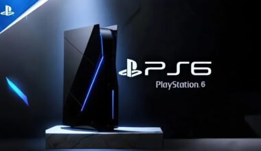 A concept render of a PlayStation 6 console with blue LED accents, featuring the PlayStation logo and 'PS6 PlayStation.6' text.