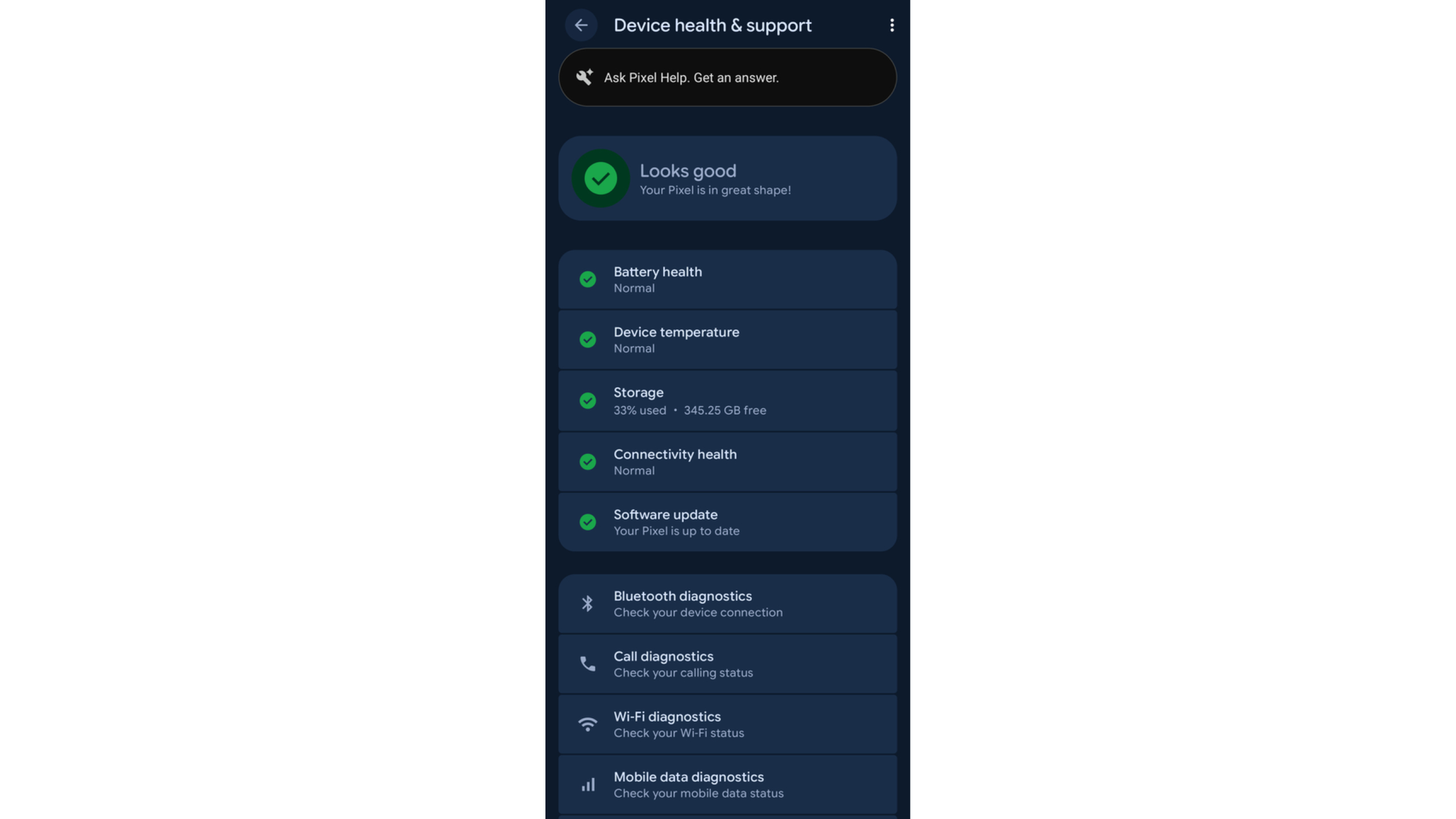 The new pixel diagnostic tool showcasing options for call, Wi-Fi and mobile data issues on a Google Pixel device running Android 17 QPR 3 Beta 1