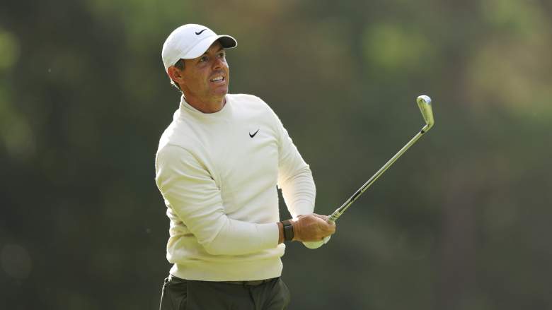 Rory McIlroy hits an iron shot at the 2026 BMW PGA Championship.