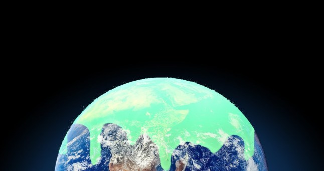 A view of the Earth covered in neon green goo.