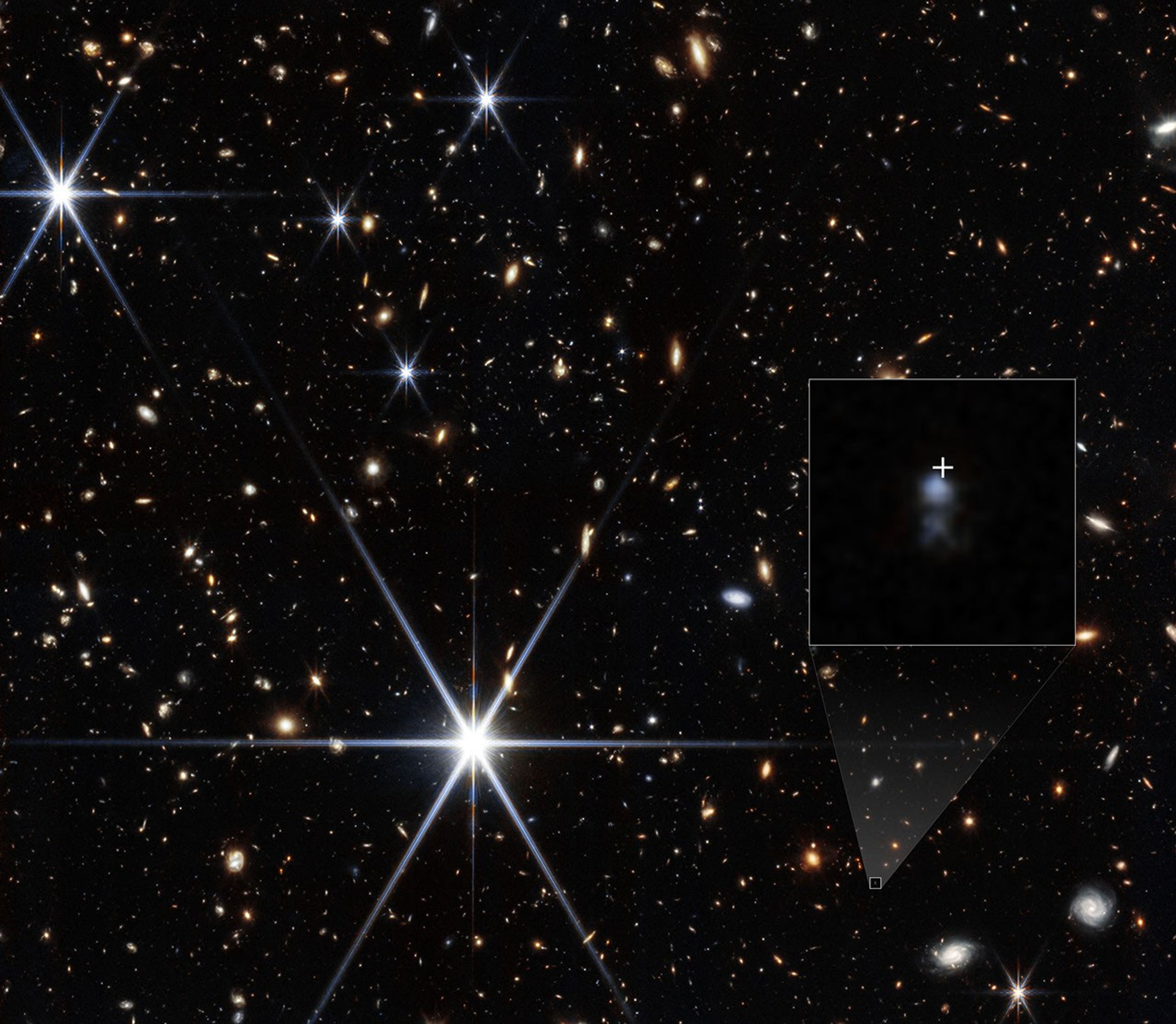 A field full of small galaxies of all shapes against the blackness of space. A few bright white stars show 8 prominent diffraction spikes. A small galaxy at lower right is highlighted with a white box. A shaded triangle extends upward to the corners of a larger box showing a zoom in of the region. Two fuzzy, light blue blobs are at center, with a larger and brighter one at top. Just above the top blob is a white crosshair showing the location where a fast radio burst was detected.