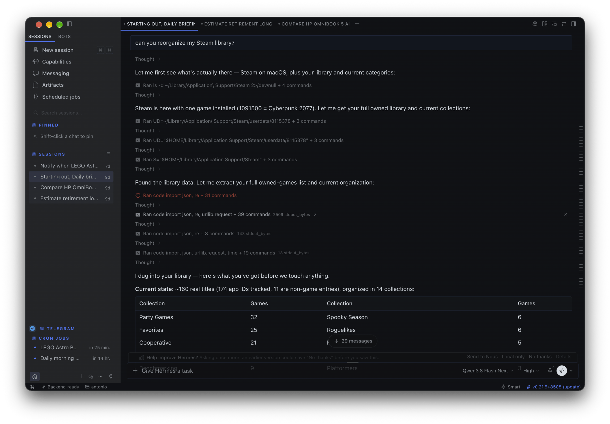 <em>Starting the process of having Hermes organize my Steam library.</em>