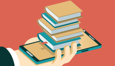 An illustration of a stack of books above a smartphone.