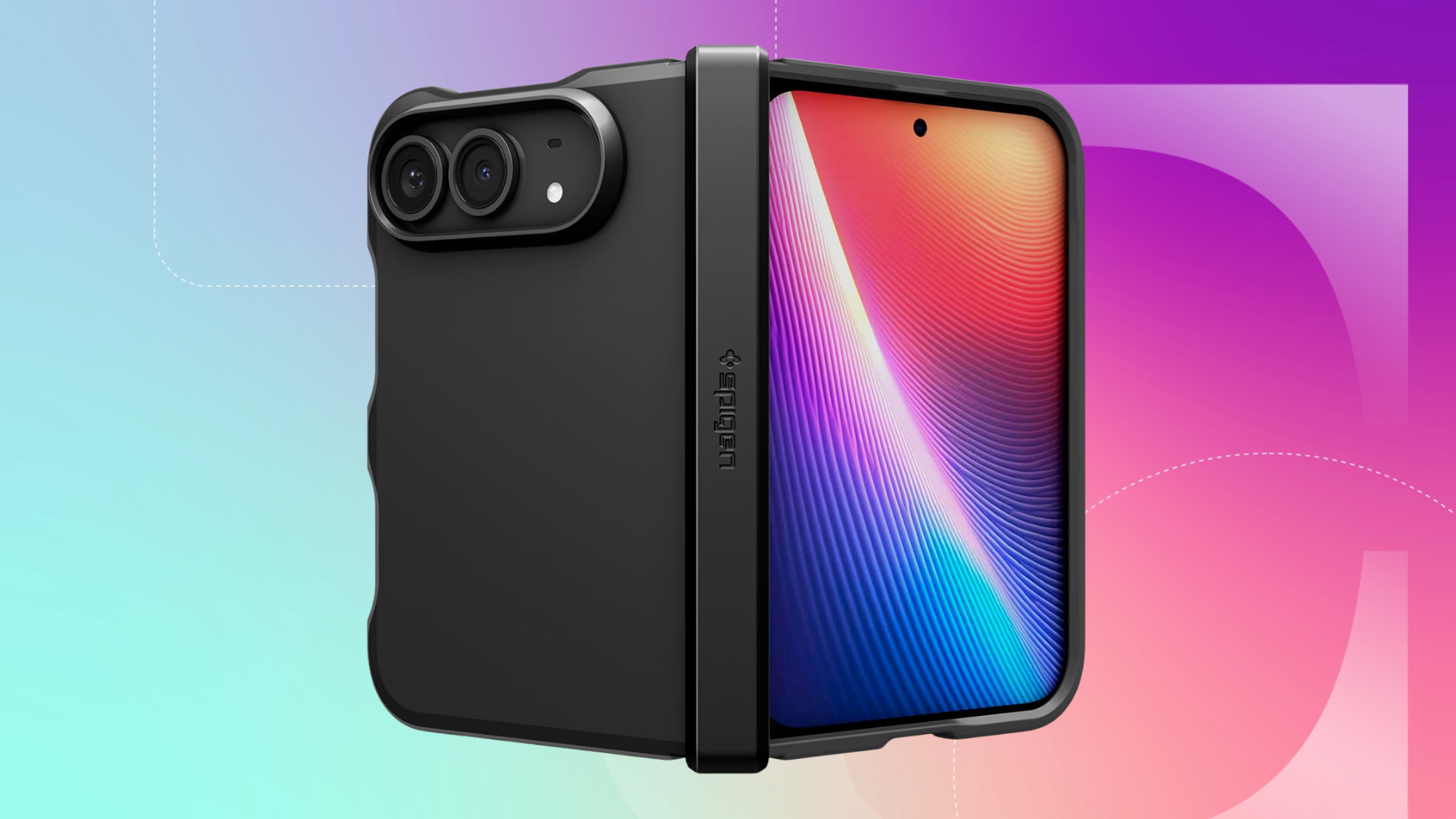 The Spigen Tough Armor Pro MagFit for iPhone Duo Case is shown against a blue and purple background.