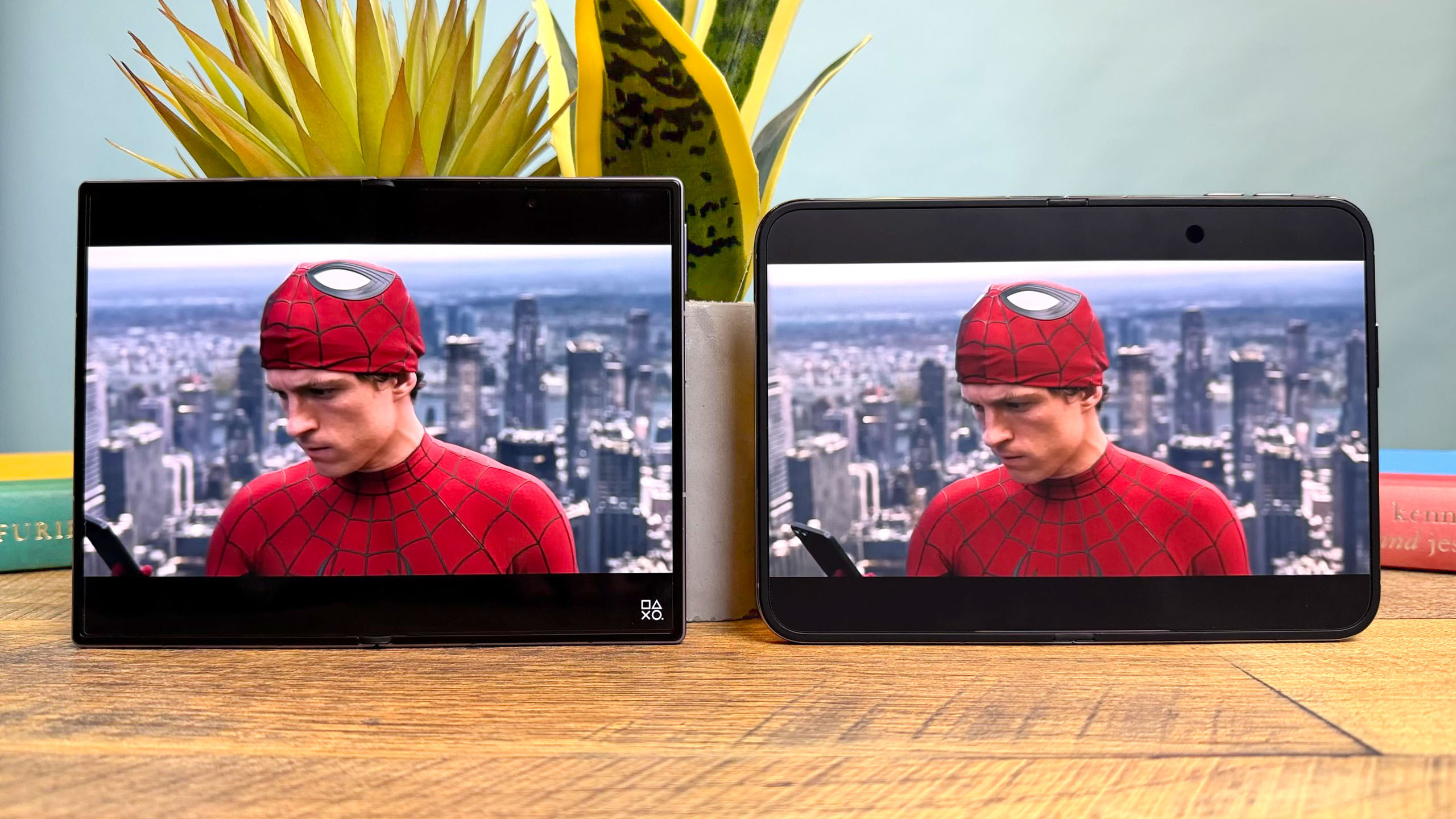 iPhone Duo vs Galaxy Z Fold 8 display showing Spider-Man Brand New Day