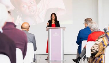 Navyn Salem, founder and CEO of Edesia Nutrition, speaks during a ceremony marking the expansion of the nonprofit's factory in North Kingstown, R.I., on Oct. 22, 2026.