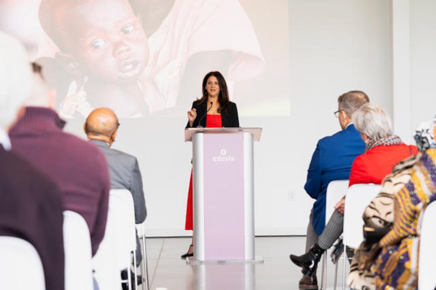 Navyn Salem, founder and CEO of Edesia Nutrition, speaks during a ceremony marking the expansion of the nonprofit's factory in North Kingstown, R.I., on Oct. 22, 2026.