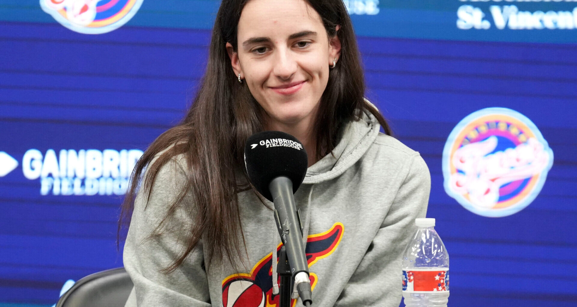 Indiana Fever guard Caitlin Clark speaks with media members Thursday, Oct. 8, 2026, at Gainbridge Fieldhouse in Indianapolis.
