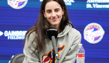Indiana Fever guard Caitlin Clark speaks with media members Thursday, Oct. 8, 2026, at Gainbridge Fieldhouse in Indianapolis.