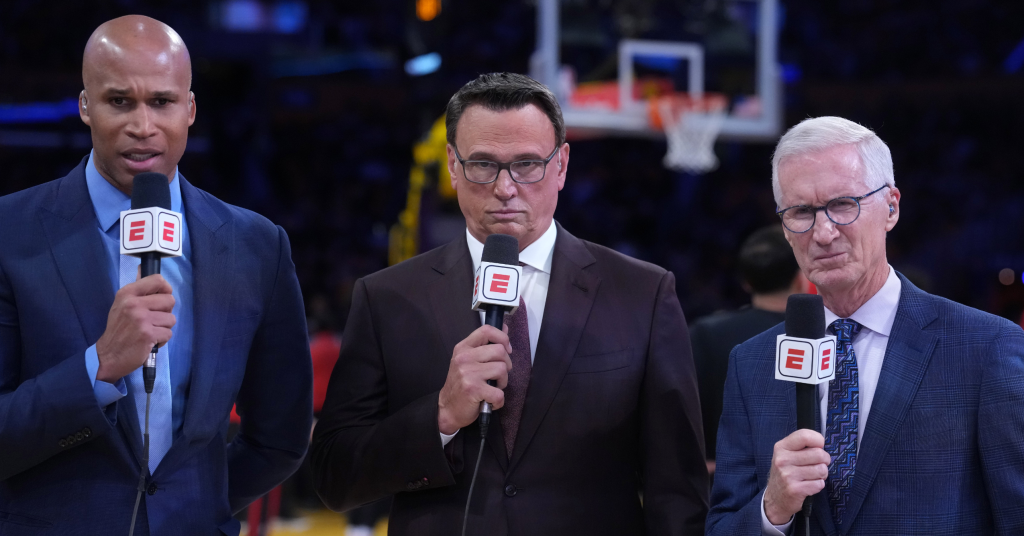 Apr 18, 2026; Los Angeles, California, USA; ESPN analysts Richard Jefferson (left) and Tim Legler (center) and play-by-play announcer Mike Breen during game one of the first round of the 2026 NBA Playoffs between the Los Angeles Lakers and the Houston Rockets at Crypto.com Arena. Mandatory Credit: Kirby Lee-Imagn Images