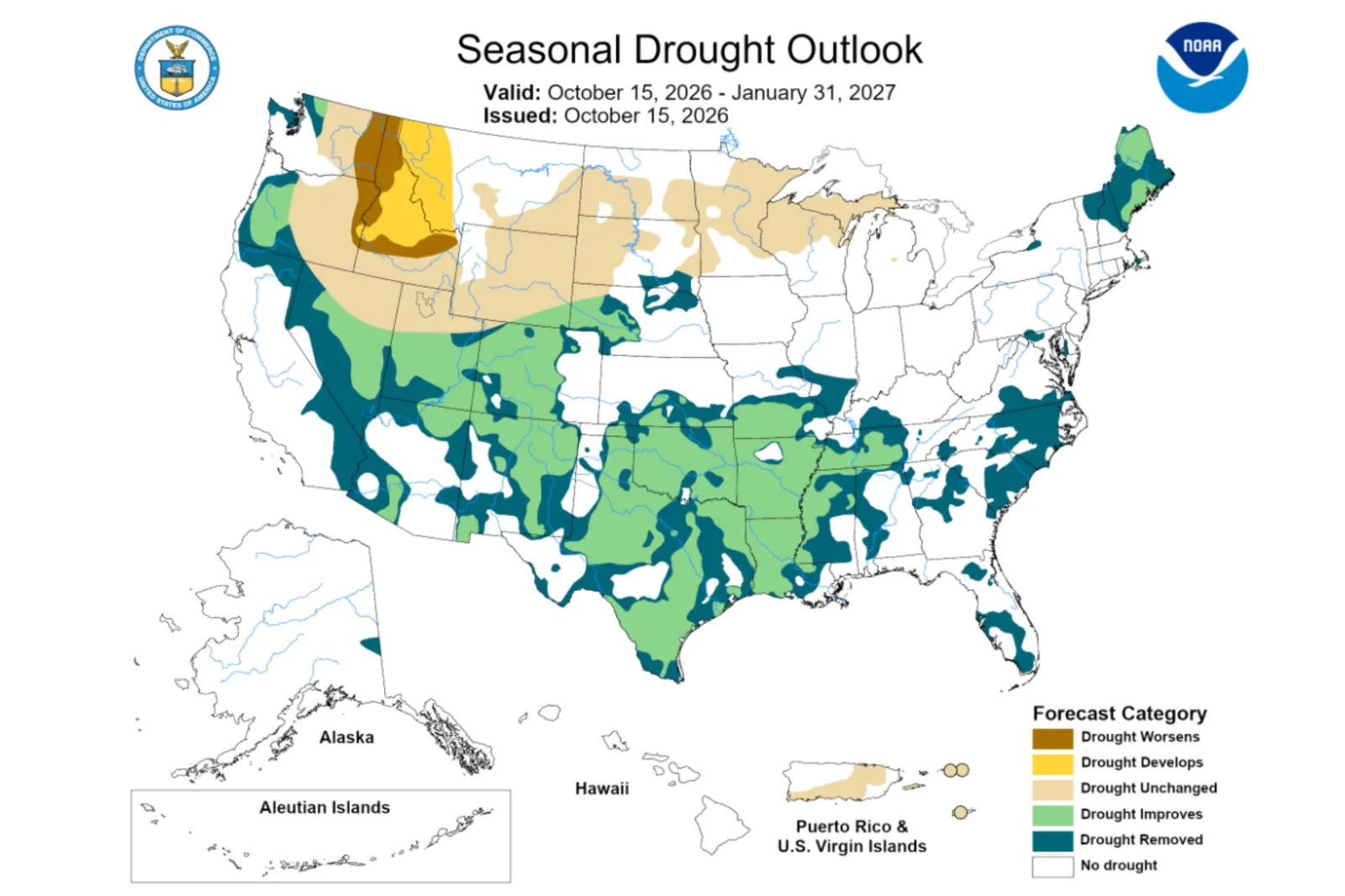 The U.S. Drought Outlook map for October 15, 2026, through January 2027, predicts drought conditions will develop or worsen across parts of the northern Rockies.