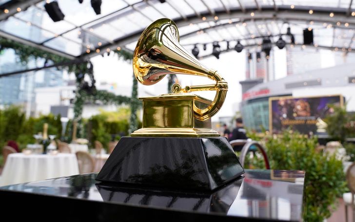 A decorative grammy is seen before the start of the 63rd annual Grammy Awards at the Los Angeles Convention Center on March 14, 2021. AP-Yonhap