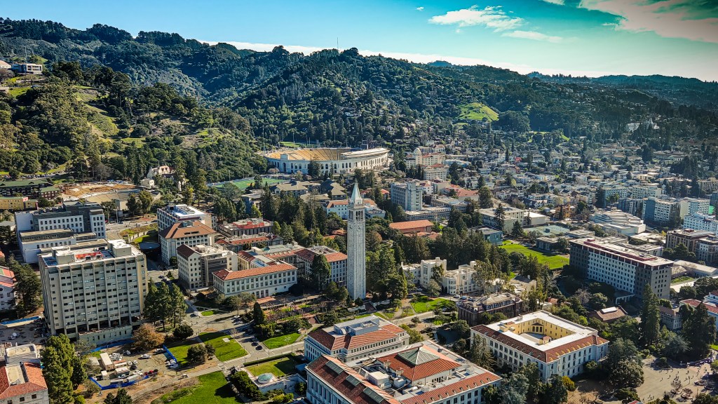 Aerial view of the University of California at Berkeley featuring the 307-foot Campanile tower.