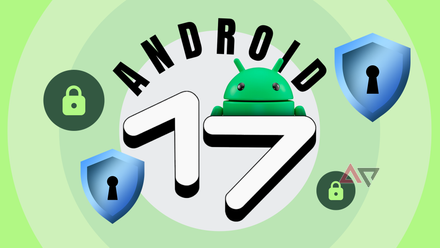 Android 17 logo surrounded by privacy and security shield icons.