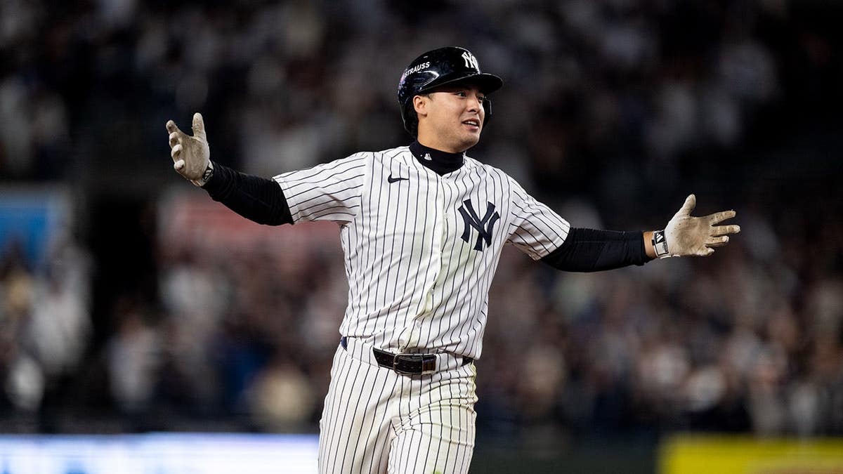 Anthony Volpe of the New York Yankees looks on during Game 3 of the American League Division Series at Yankee Stadium.