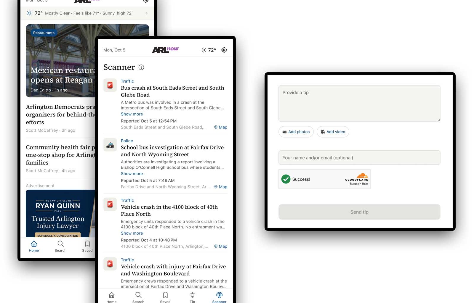 Multi-device mockup of the ARL Now app: left phone shows a news feed, center phone displays the Scanner with traffic alerts, right panel shows a tip form with a text box and buttons