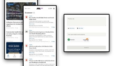 Multi-device mockup of the ARL Now app: left phone shows a news feed, center phone displays the Scanner with traffic alerts, right panel shows a tip form with a text box and buttons