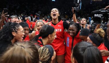 NEW YORK, NEW YORK - OCTOBER 09: The Atlanta Dream celebrate after defeating the New York Liberty in game three of the SemiFinals of the WNBA Playoffs at Barclays Center on October 09, 2026 in New York City. NOTE TO USER: User expressly acknowledges and agrees that, by downloading and or using this photograph, User is consenting to the terms and conditions of the Getty Images License Agreement. (Photo by Ishika Samant/Getty Images)