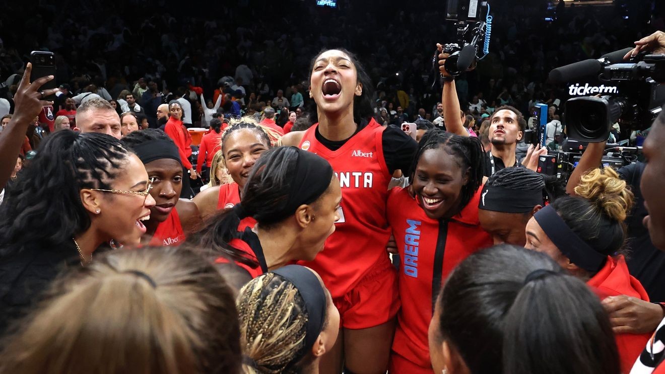 NEW YORK, NEW YORK - OCTOBER 09: The Atlanta Dream celebrate after defeating the New York Liberty in game three of the SemiFinals of the WNBA Playoffs at Barclays Center on October 09, 2026 in New York City. NOTE TO USER: User expressly acknowledges and agrees that, by downloading and or using this photograph, User is consenting to the terms and conditions of the Getty Images License Agreement. (Photo by Ishika Samant/Getty Images)