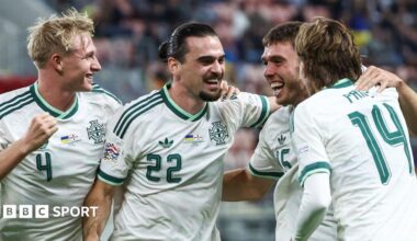 Northern Ireland celebrate Ciaron Brown's second goal