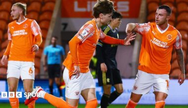 Zac Ashworth celebrates equalising for Blackpool in their 3-2 EFL Trophy win over Aston Villa