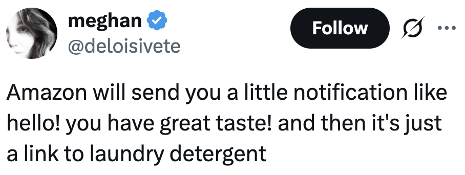 Tweet by user @deloisivete: "Amazon will send you a notification like you have great taste, but it's just a link to laundry detergent."