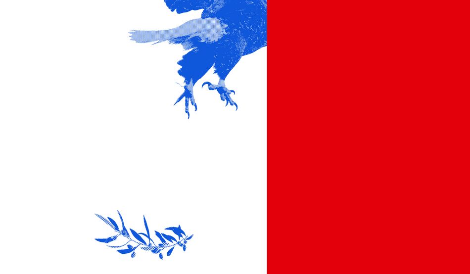 An illustration showing the feet and tail of an American eagle leaving behind an olive branch. Image: © Alamy/Prospect.