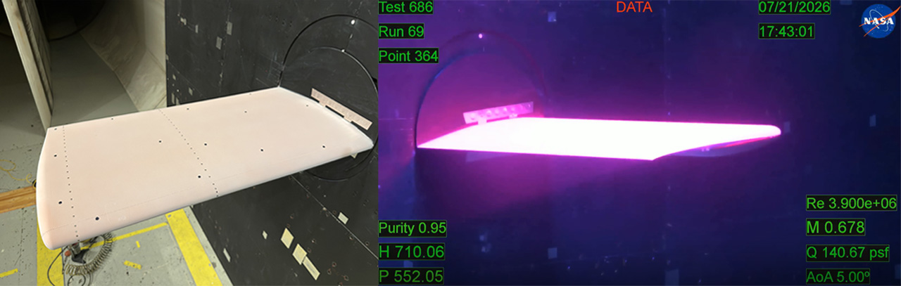 Side‑by‑side images showing a wing-like test article mounted in a wind tunnel. The left image displays the pale, unlit test article attached to instrumentation inside the tunnel. The right image shows the same article under aerodynamic heating, glowing bright pinkish‑purple as test data parameters appear around it, including readings for pressure, temperature, Mach number, and angle of attack.