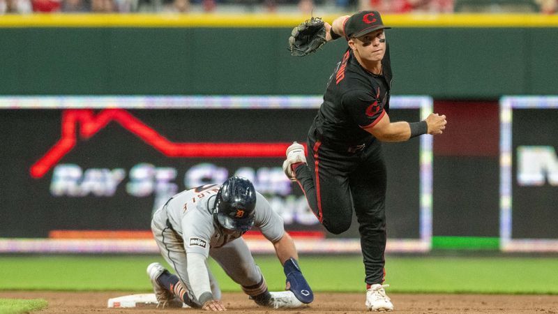 Reds second baseman Matt McLain after a throw at Great American Ball Park in Cincinnati during the game between the Cincinnati Reds and Detroit Tigers on April 24, 2026. (Tony Wagner Photograpy/WKRC)