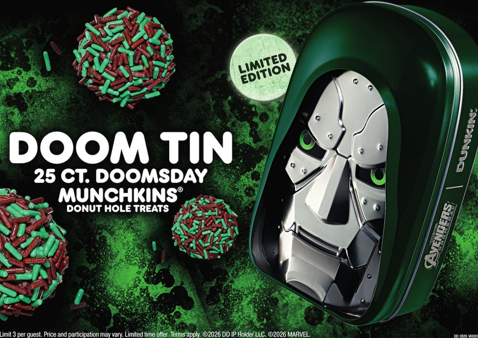 Limited edition Doom Tin featuring 25 count Doomsday Munchkins donut hole treats with a superhero theme. Limited edition Doom Tin featuring 25 count Doomsday Munchkins donut hole treats with a superhero theme.