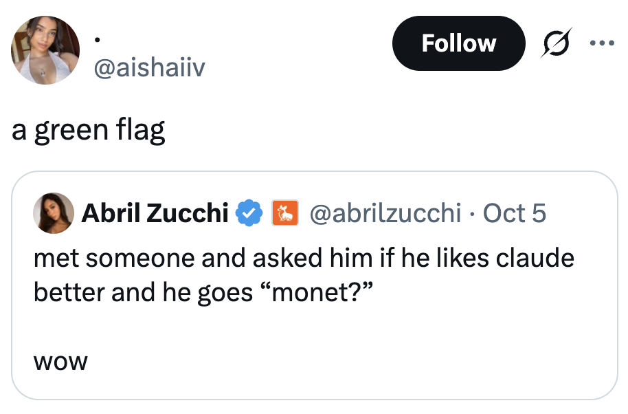 Tweet with a user saying meeting someone who knows or prefers Claude Monet is a good sign