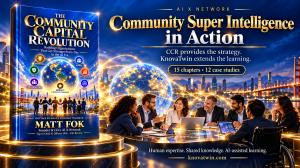 The Community Capital Revolution book beside a connected globe and collaborating professionals.