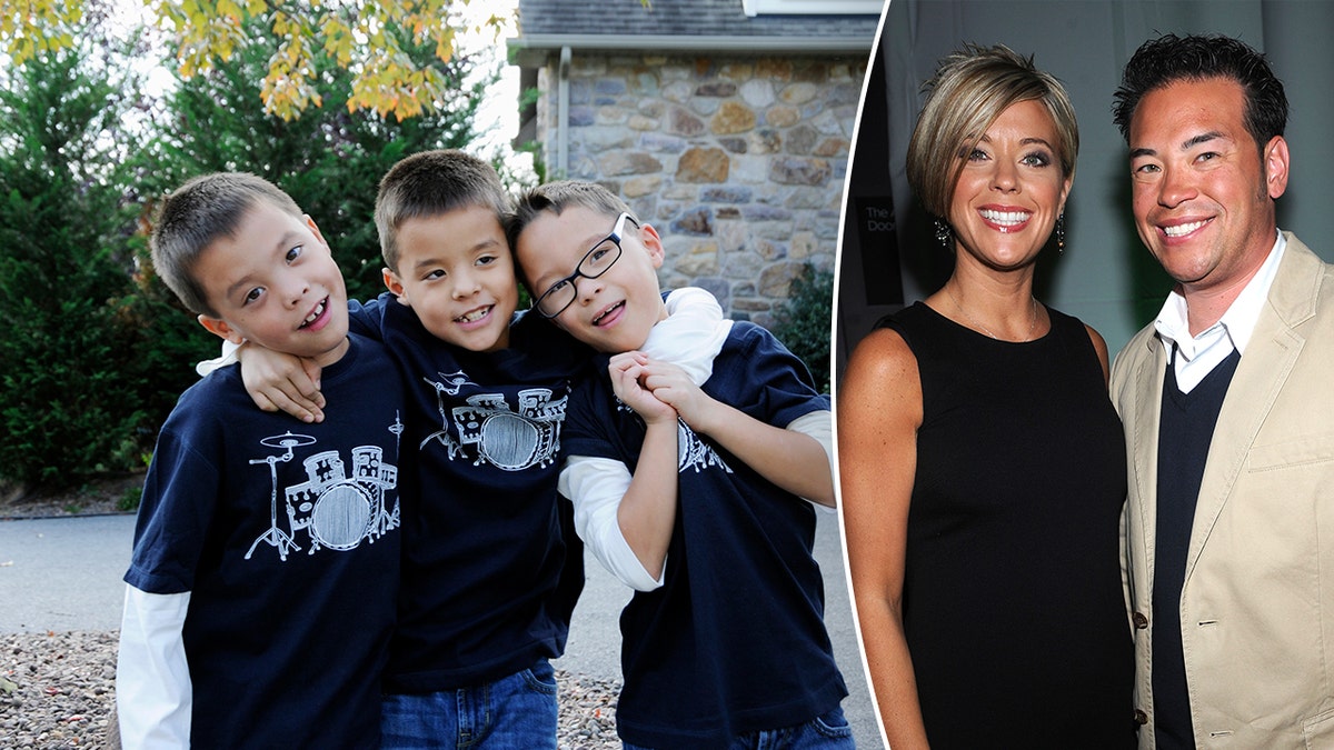 Collin Gosselin with her brothers next to a photo of his parents