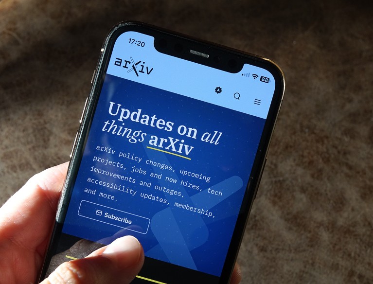 View of a smartphone screen showing the arXiv blog homepage, with the text updates on all things arXiv.