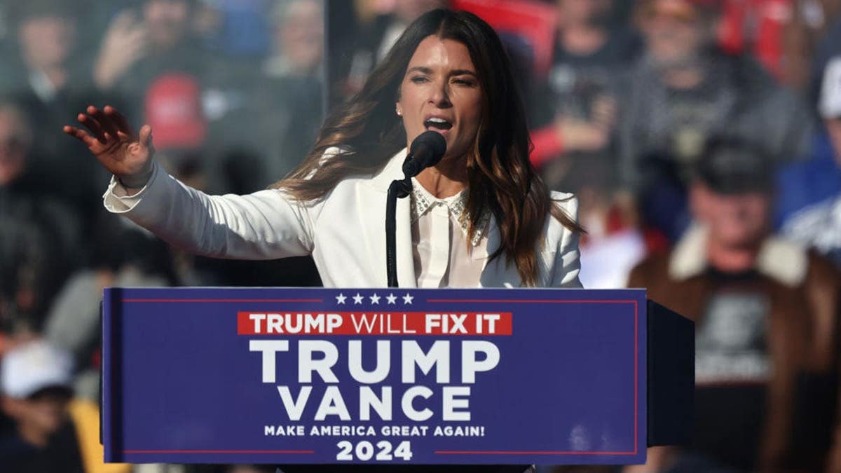Danica Patrick speaking at a campaign rally at Lancaster Airport in Lititz, Pennsylvania