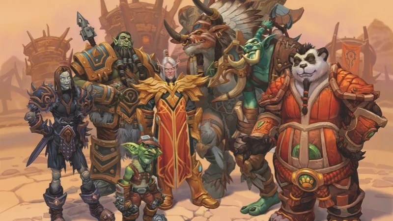 Official art from D&D World of Warcraft art, featuring a group of Horde heroes that includes a forsaken, orc, blood elf, tauren, goblin, troll and pandaren.