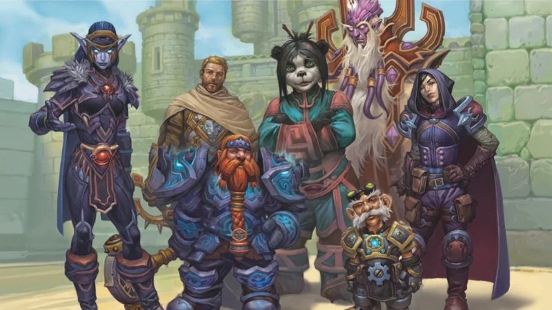 Official D&D World of Warcraft art, featuring a group of Alliance heroes including a void elf, dwarf, pandaren, draenei and gnome.