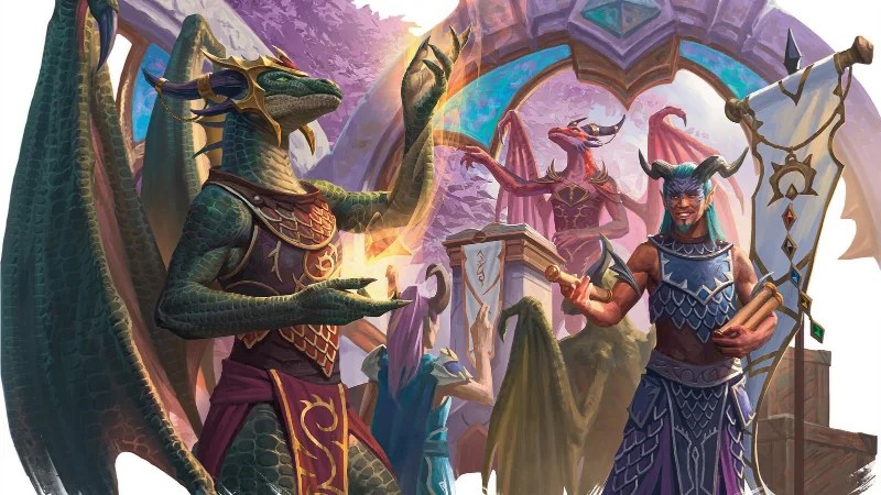 Oficial D&D World of Warcraft art, featuring a dracthyr in their dragon and humanoid visage forms at a market.