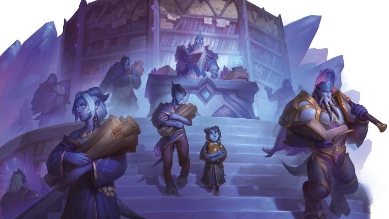 Official D&D World of Warcraft art, featuring a draenei carrying scrolls down the steps of a crystal library.