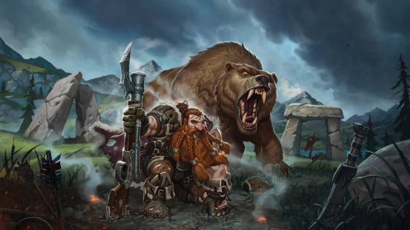 Official D&D World of Warcraft art, featuring a dwarf hunter with a musket and his bear companion tracking a burning trail left by a demon.