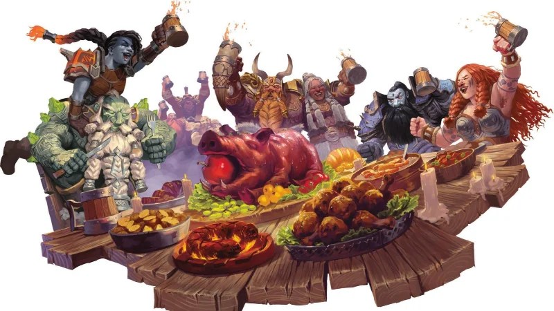 Official D&D World of Warcraft art, featuring a group of dwarves and earthen raising tankards at a feast.