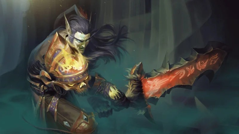 Official D&D World of Warcraft art, featuring a blood elf warrior in golden armor wielding a glowing serrated blade.