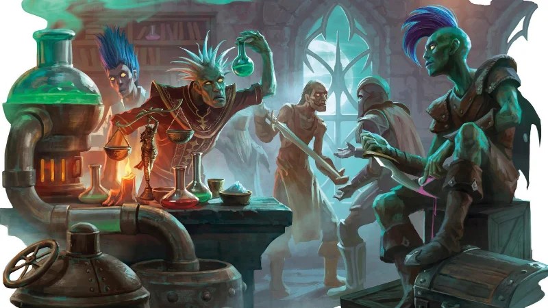 Official D&D World of Warcraft art, featuring a group of forsaken alchemists brewing potions in an undead laboratory.