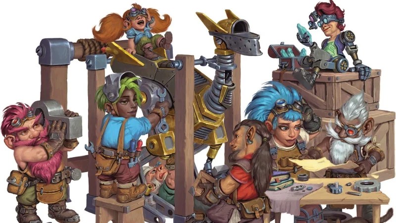Official D&D World of Warcraft art, featuring gnome and mechagnome tinkerers building a mechanical contraption in a workshop.