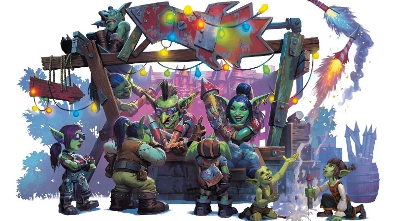 Official D&D World of Warcraft art, featuring a group of goblins grabbing fireworks and explosives from a wooden stand.